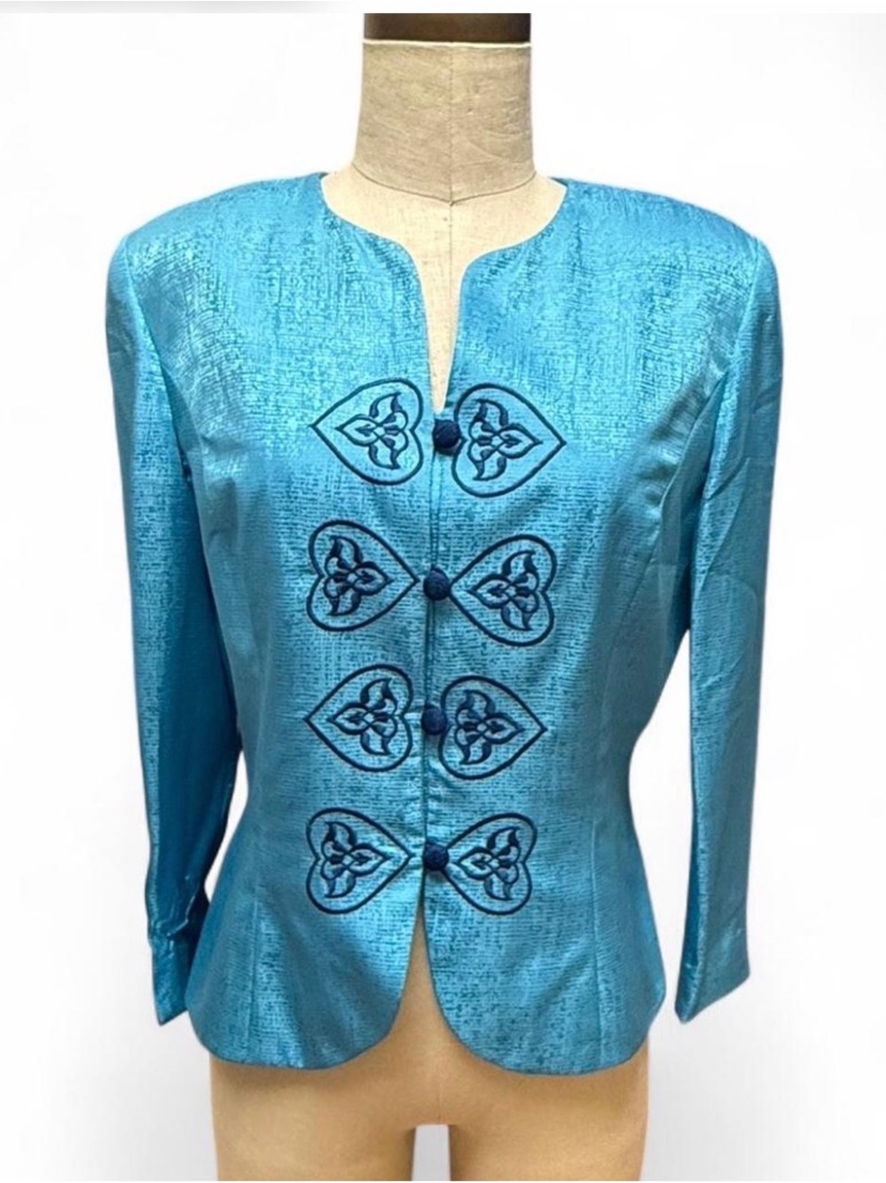 Vintage Adrianna Papell Teal Blue Silk Blazer embroidered hearts details